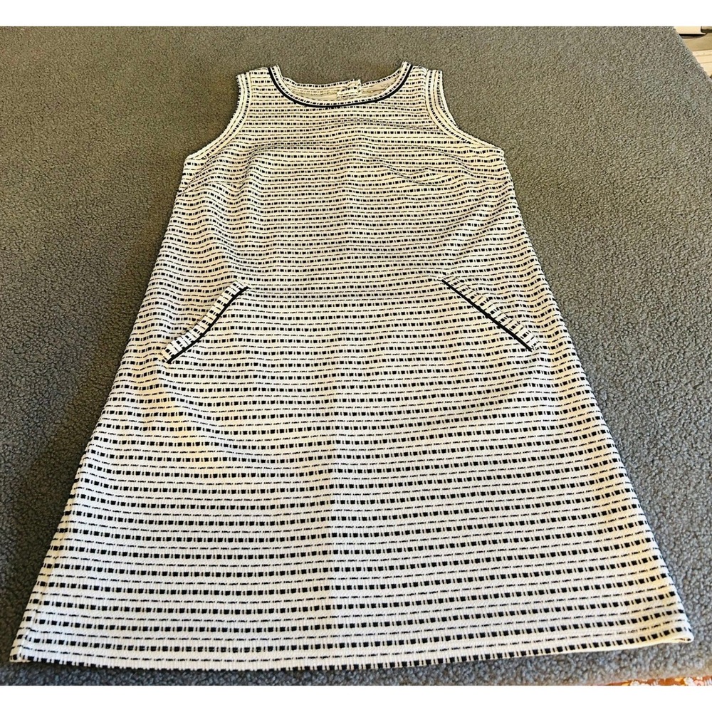 LOFT Shift Dress Womens Small Black White Dashed Stripe Textured Knit Pockets
